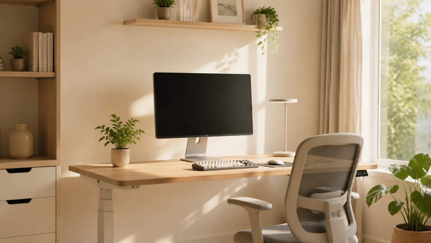 Clean home office desk with monitor, keyboard, and ergonomic chair