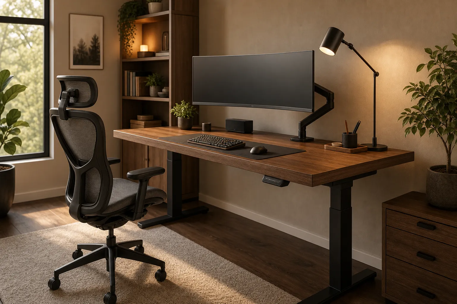 A premium home office workstation with a standing desk, ultrawide monitor, and ergonomic chair