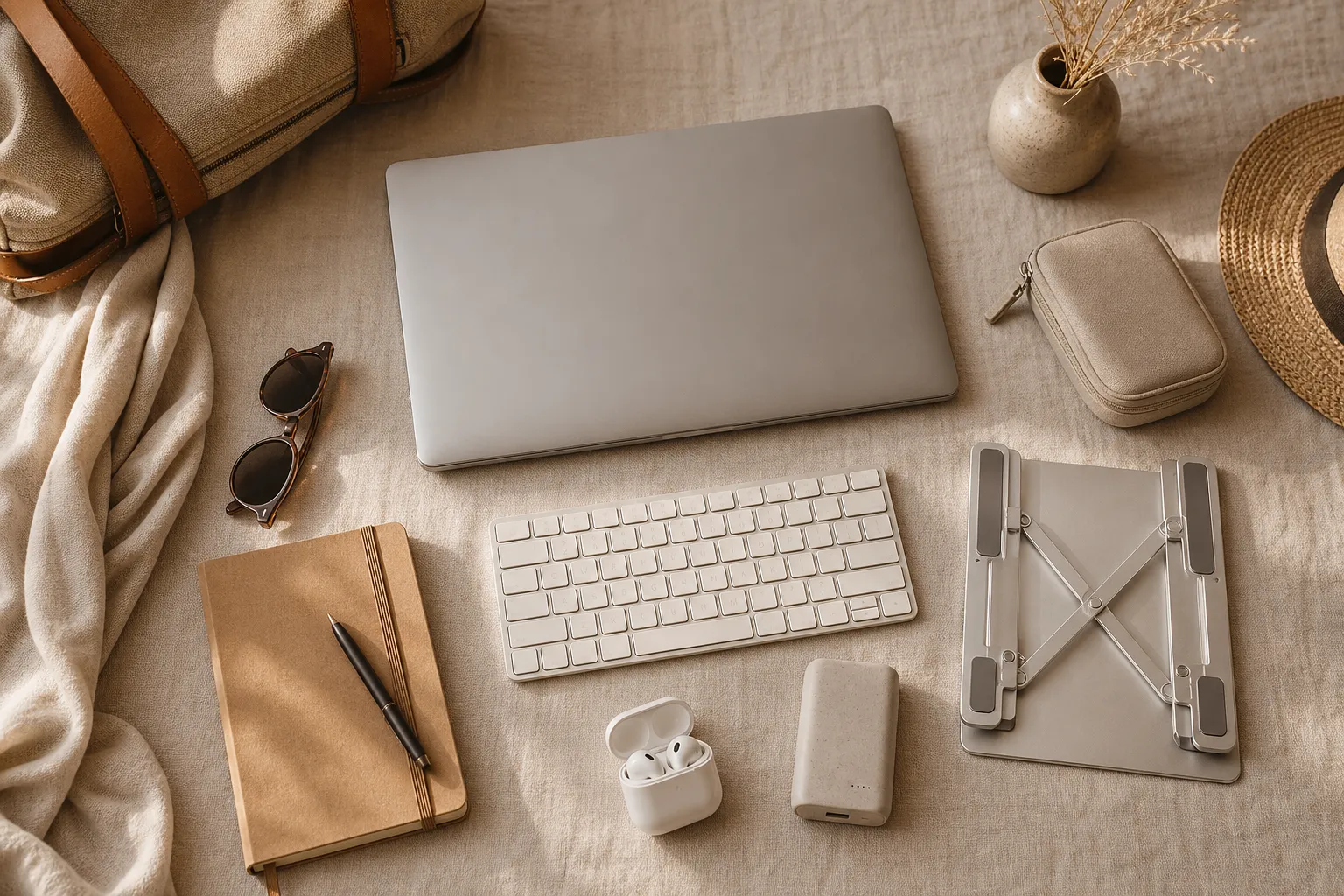A digital nomad remote work travel kit laid flat: laptop, stand, keyboard, earbuds, notebook, sunglasses, and power bank